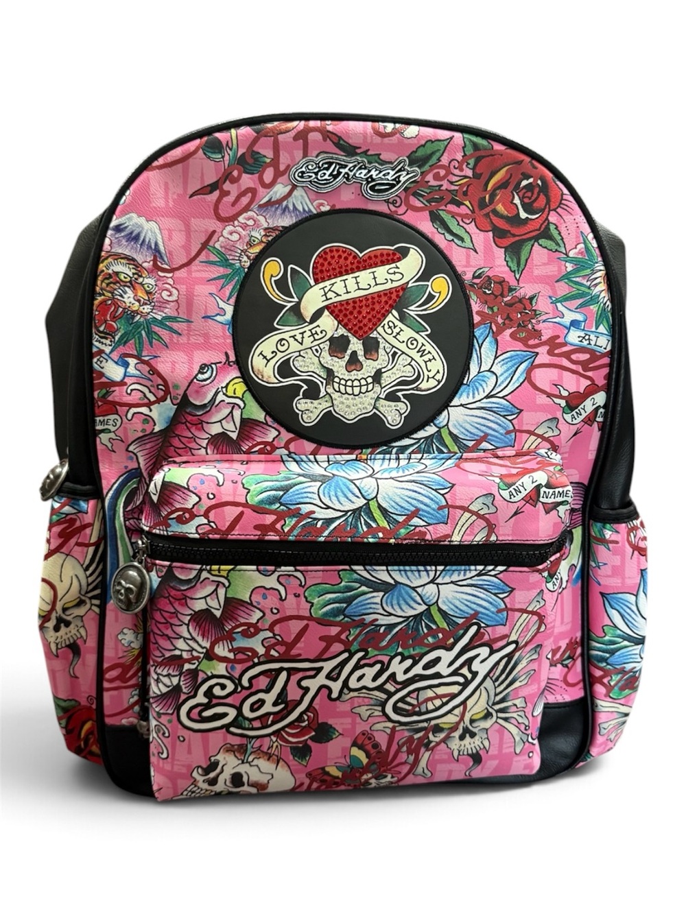Ed Hardy Pink Tattoo-Print Backpack with Skull Patch